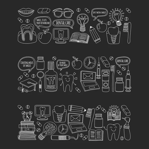 Diş Hekimliği vektör doodle simgeler çocuk diş bakımı kümesi