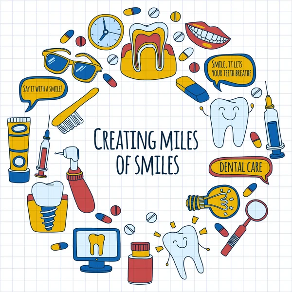 Tandheelkunde Vector doodle set pictogrammen kinderen tandheelkundige zorg — Stockvector