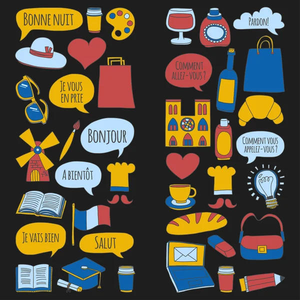 Online Fransızca kursları Dil Okulu vektör doodle simgeler kümesi