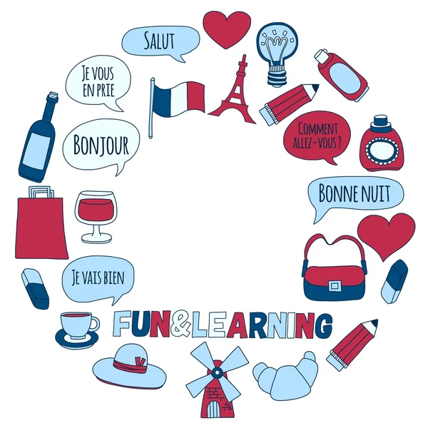Online Fransızca kursları Dil Okulu vektör doodle simgeler kümesi
