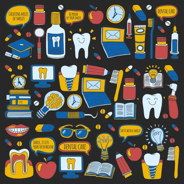 Odontologia Vector doodle conjunto de ícones Crianças atendimento odontológico —  Vetores de Stock