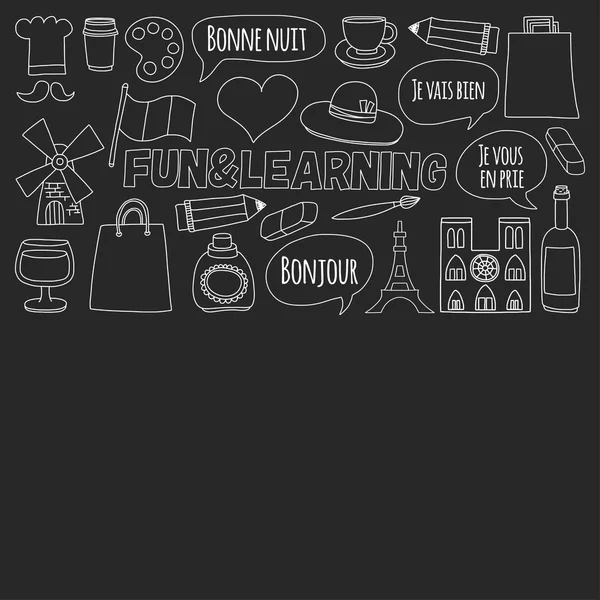 Online Fransızca kursları Dil Okulu vektör doodle simgeler kümesi