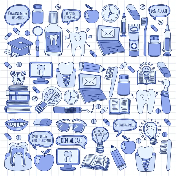 Diş Hekimliği vektör doodle simgeler çocuk diş bakımı kümesi