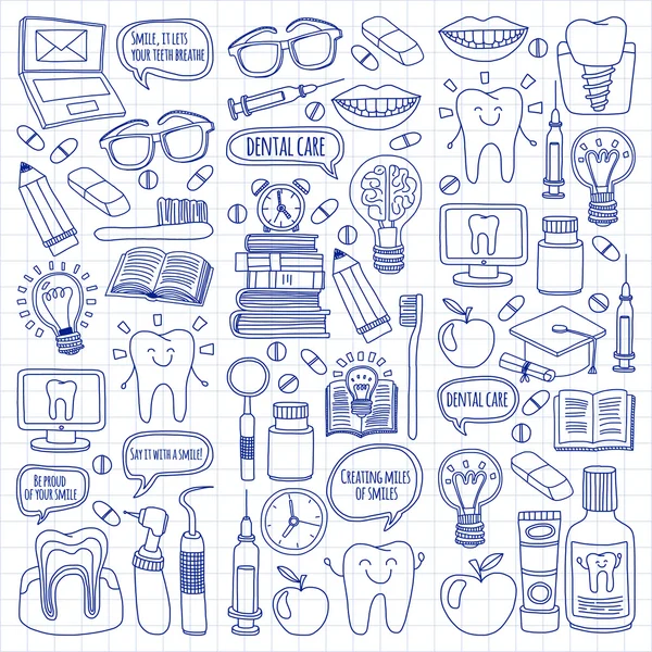 Diş Hekimliği vektör doodle simgeler çocuk diş bakımı kümesi