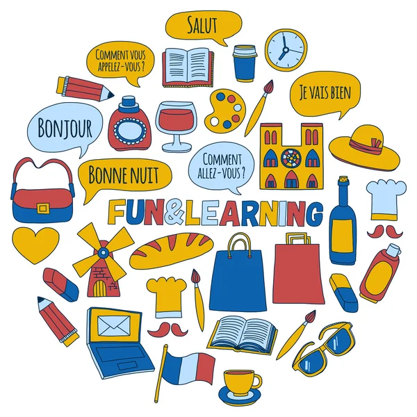 Online Fransızca kursları Dil Okulu vektör doodle simgeler kümesi