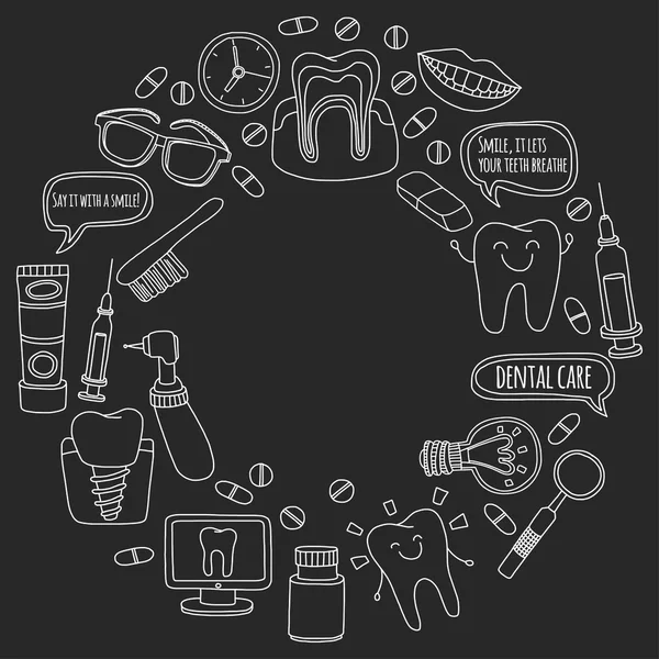 牙科矢量涂鸦集图标儿童牙科保健 — 图库矢量图片