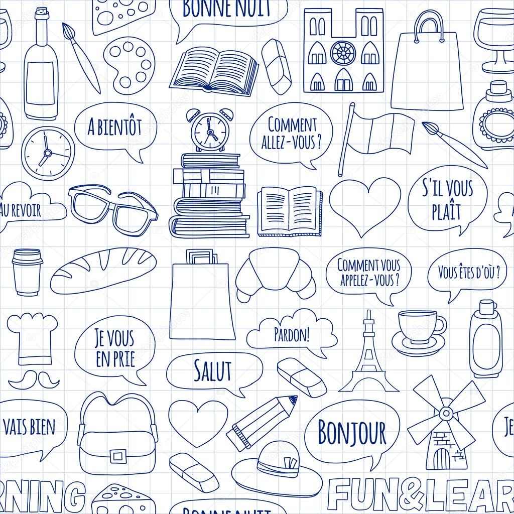 Online French Courses Language School Vector Set Of Doodle Icons Online French Courses Language School Vector Set Of Doodle Icons