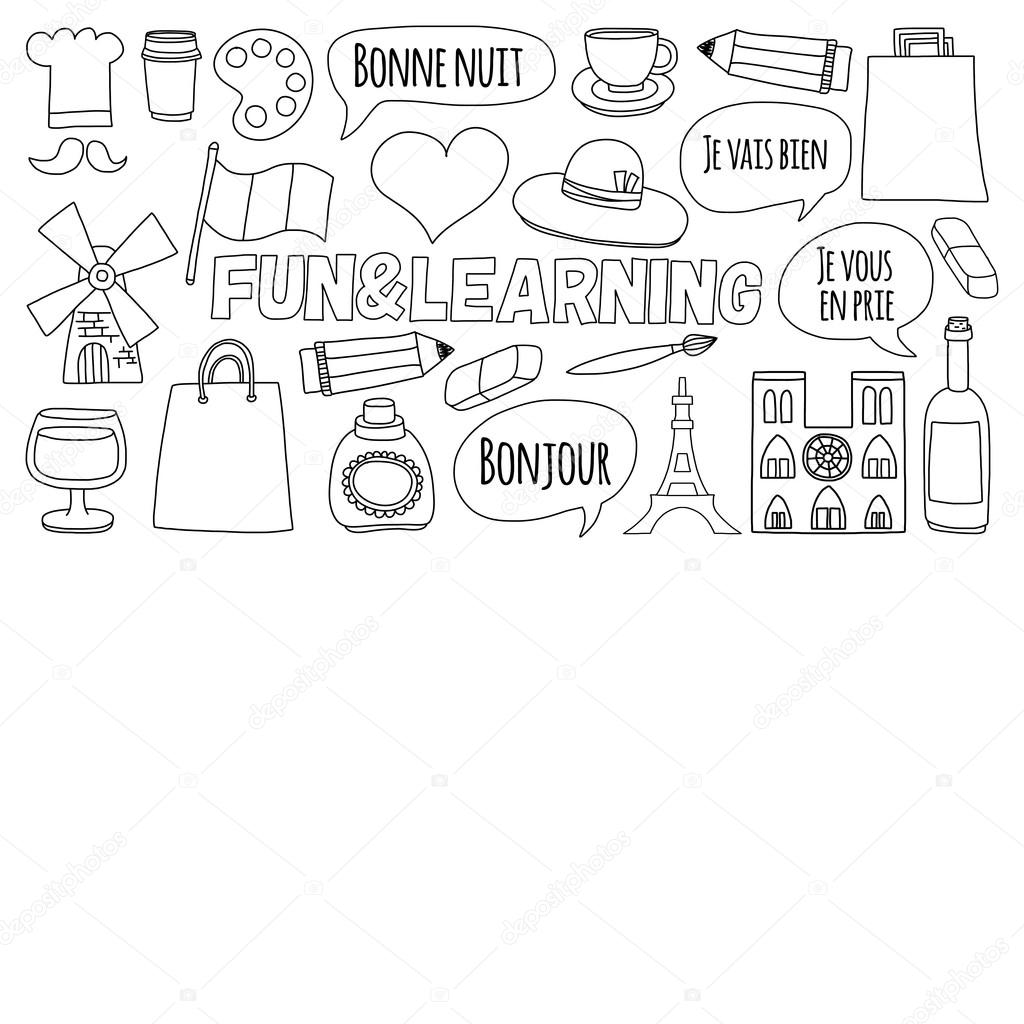 Online French Courses Language School Vector Set Of Doodle Icons Online French Courses Language School Vector Set Of Doodle Icons