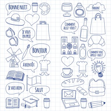 Online Fransızca kursları Dil Okulu vektör doodle simgeler kümesi