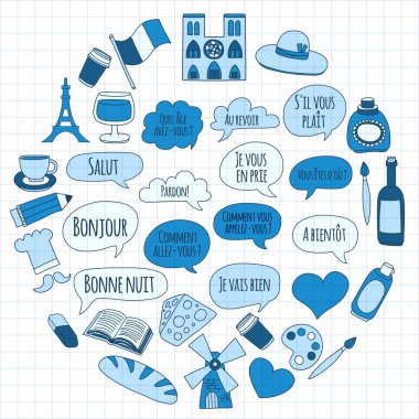 Online Fransızca kursları Dil Okulu vektör doodle simgeler kümesi