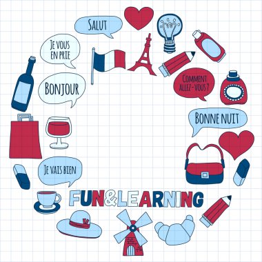 Online Fransızca kursları Dil Okulu vektör doodle simgeler kümesi