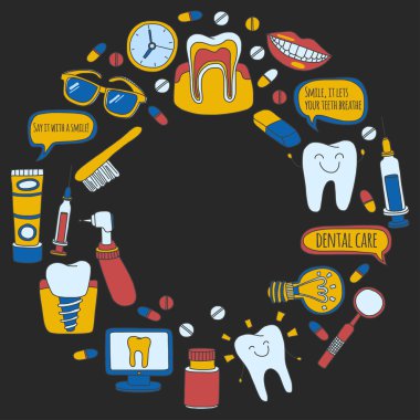 Diş Hekimliği vektör doodle simgeler çocuk diş bakımı kümesi