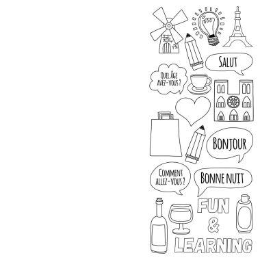Online Fransızca kursları Dil Okulu vektör doodle simgeler kümesi