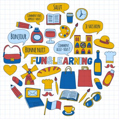 Online Fransızca kursları Dil Okulu vektör doodle simgeler kümesi
