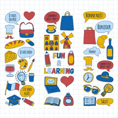 Online Fransızca kursları Dil Okulu vektör doodle simgeler kümesi