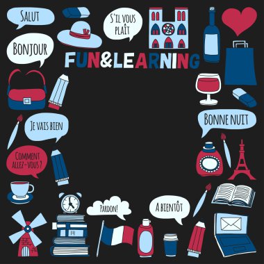 Online Fransızca kursları Dil Okulu vektör doodle simgeler kümesi