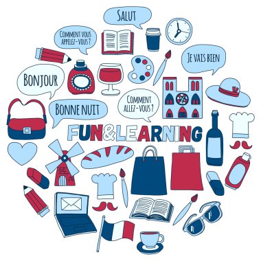 Online Fransızca kursları Dil Okulu vektör doodle simgeler kümesi
