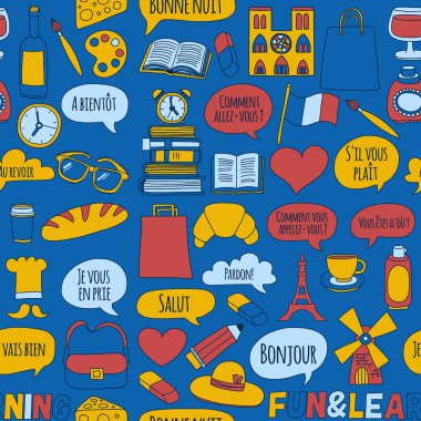 Online Fransızca kursları Dil Okulu vektör doodle simgeler kümesi