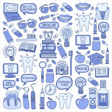 Diş Hekimliği vektör doodle simgeler çocuk diş bakımı kümesi