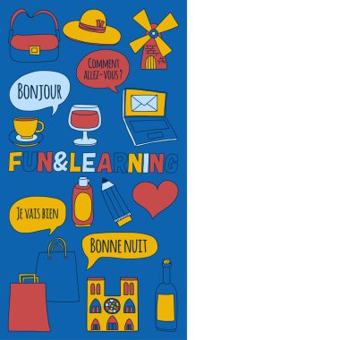 Online Fransızca kursları Dil Okulu vektör doodle simgeler kümesi