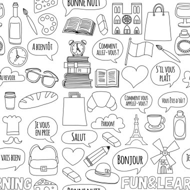 Online Fransızca kursları Dil Okulu vektör doodle simgeler kümesi