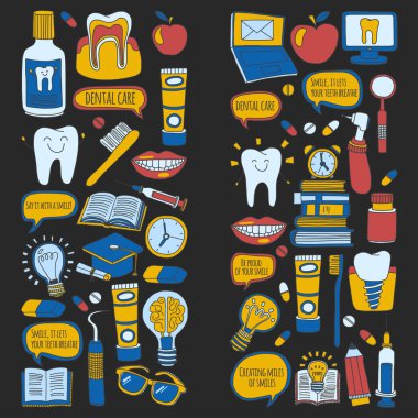 Diş Hekimliği vektör doodle simgeler çocuk diş bakımı kümesi
