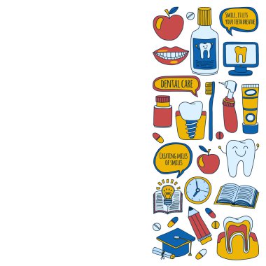 Diş Hekimliği vektör doodle simgeler çocuk diş bakımı kümesi