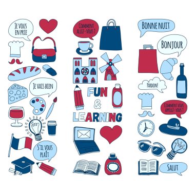 Online french courses Language school Vector set of doodle icons vector