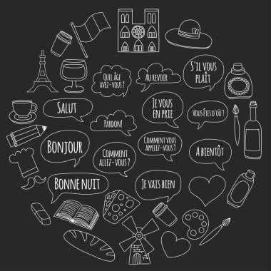 Online Fransızca kursları Dil Okulu vektör doodle simgeler kümesi