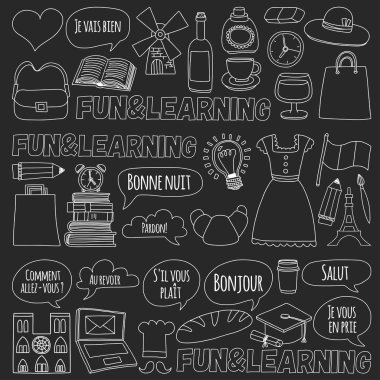 Online Fransızca kursları Dil Okulu vektör doodle simgeler kümesi