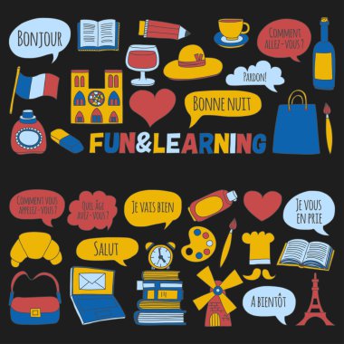 Online Fransızca kursları Dil Okulu vektör doodle simgeler kümesi