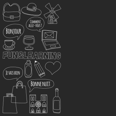 Online Fransızca kursları Dil Okulu vektör doodle simgeler kümesi