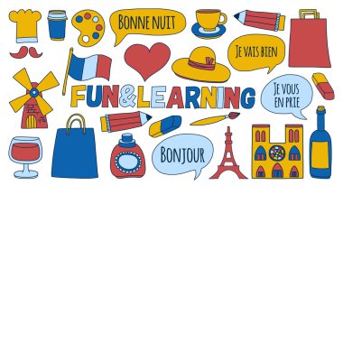 Online Fransızca kursları Dil Okulu vektör doodle simgeler kümesi