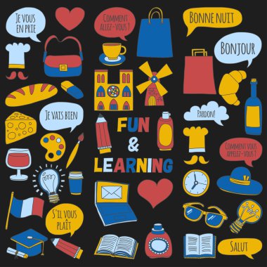 Online Fransızca kursları Dil Okulu vektör doodle simgeler kümesi