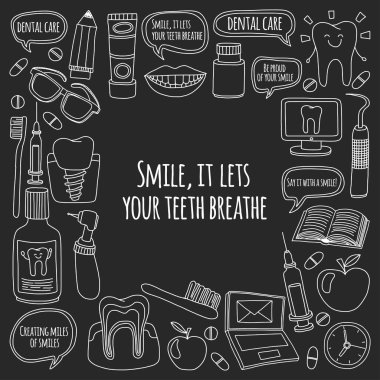 Diş Hekimliği vektör doodle simgeler çocuk diş bakımı kümesi