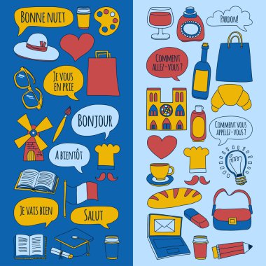 Online Fransızca kursları Dil Okulu vektör doodle simgeler kümesi