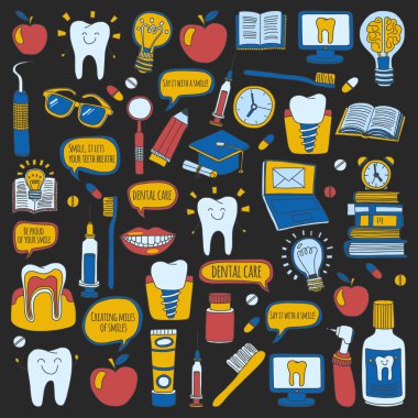 Diş Hekimliği vektör doodle simgeler çocuk diş bakımı kümesi