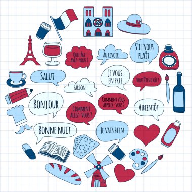 Online Fransızca kursları Dil Okulu vektör doodle simgeler kümesi