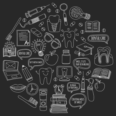 Diş Hekimliği vektör doodle simgeler çocuk diş bakımı kümesi
