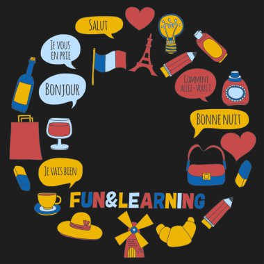 Online Fransızca kursları Dil Okulu vektör doodle simgeler kümesi