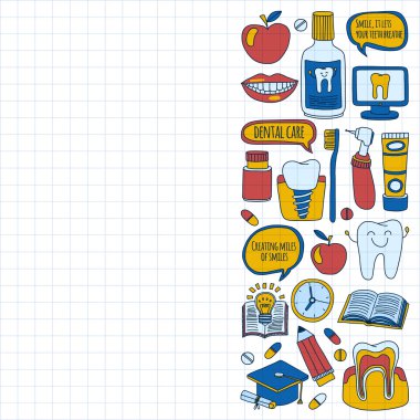 Diş Hekimliği vektör doodle simgeler çocuk diş bakımı kümesi