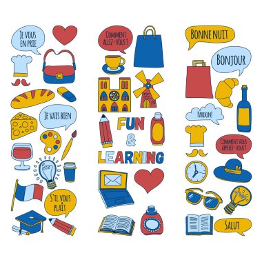 Online Fransızca kursları Dil Okulu vektör doodle simgeler kümesi