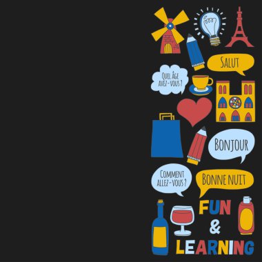 Online Fransızca kursları Dil Okulu vektör doodle simgeler kümesi