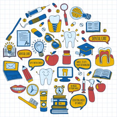 Diş Hekimliği vektör doodle simgeler çocuk diş bakımı kümesi