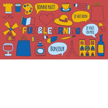 Online Fransızca kursları Dil Okulu vektör doodle simgeler kümesi