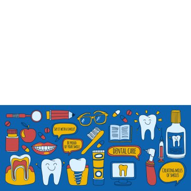 Diş Hekimliği vektör doodle simgeler çocuk diş bakımı kümesi