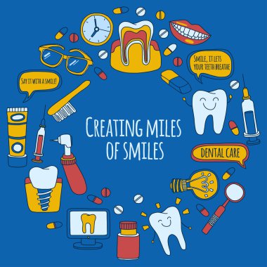 Diş Hekimliği vektör doodle simgeler çocuk diş bakımı kümesi