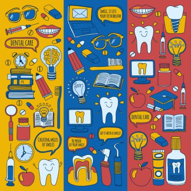 Diş Hekimliği vektör doodle simgeler çocuk diş bakımı kümesi