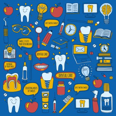 Diş Hekimliği vektör doodle simgeler çocuk diş bakımı kümesi