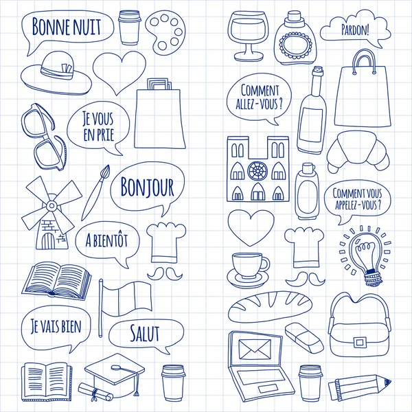 Online Fransızca kursları Dil Okulu vektör doodle simgeler kümesi